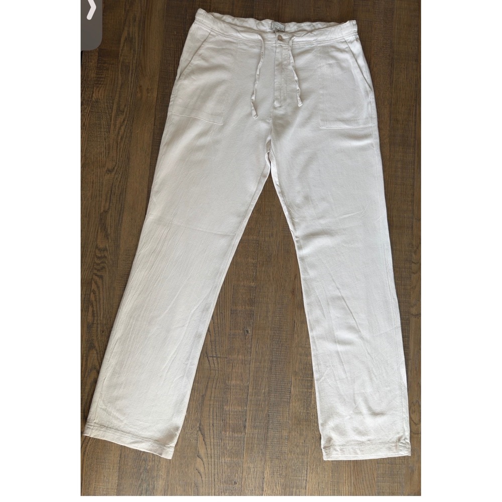 Boho Mens XXL Cream Linen Blend Drawstring Straight Leg Pants Beach Casual White